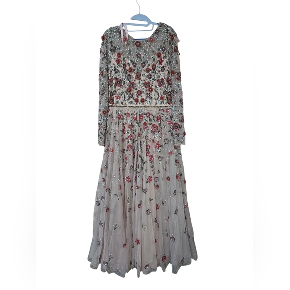 Mac Duggal Beige Embellished High Neck Long Sleeve A Line Gown Size 14 - Picture 4 of 9